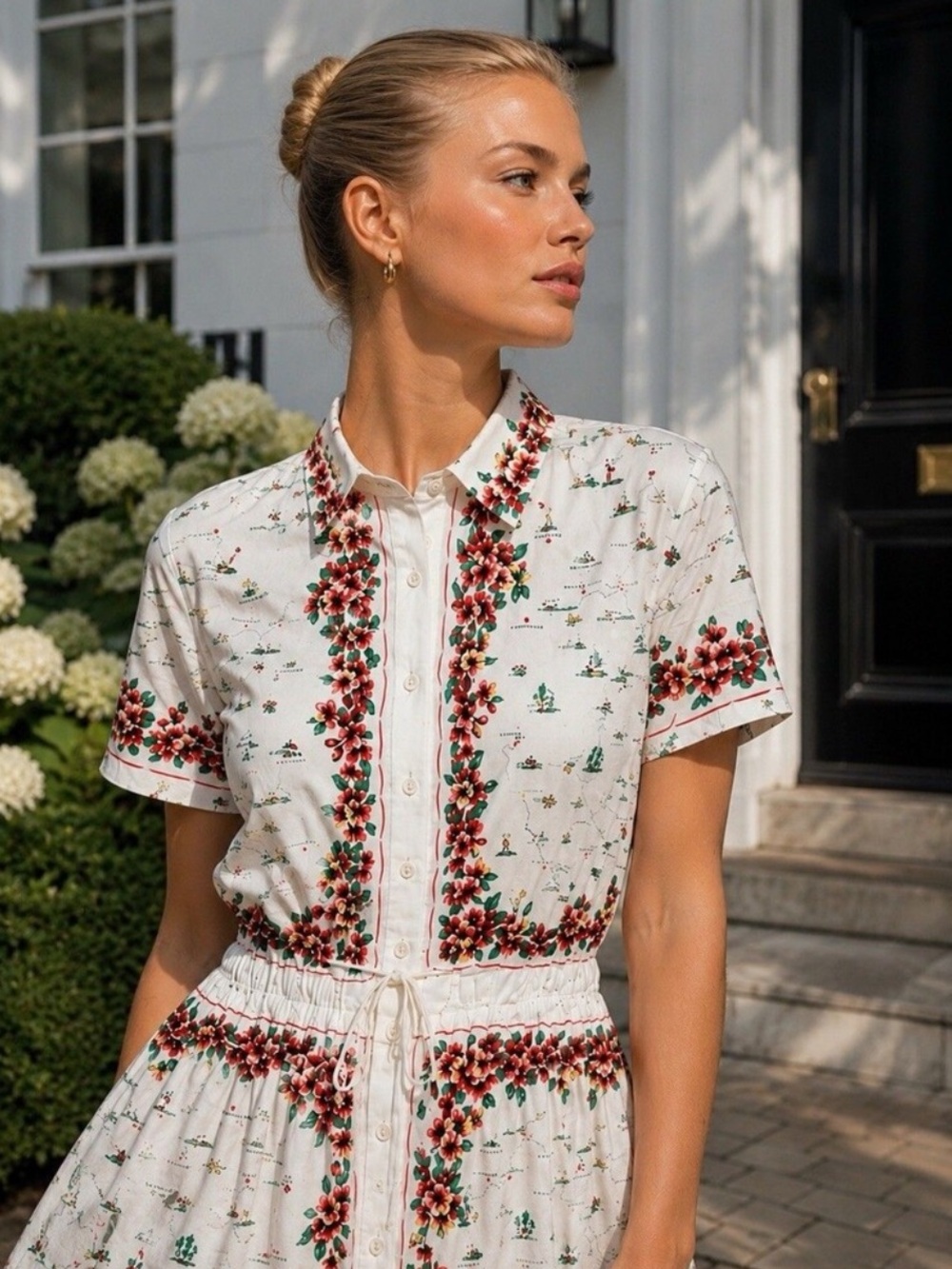 J Crew Map Print Shirt Dress Floral Mini Cotton Poplin Cerise Vacation Womens 10